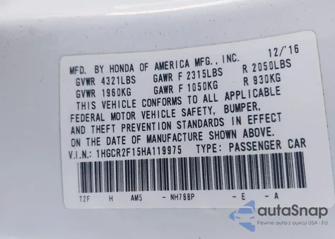 2017 Honda Accord Sport Se from USA, damaged, VIN 1HGCR2F15HA119975